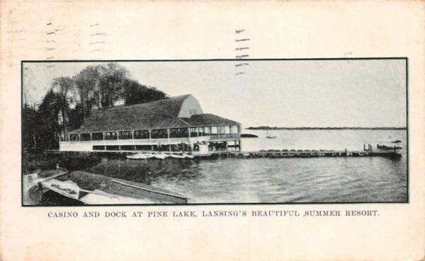 Lansing Michigan Casino and Dock at Pine Lake Vintage Postcard AA86914