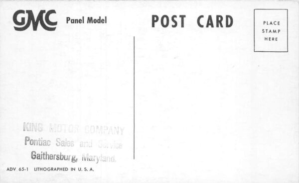 Gaithersburg Maryland King Motor Co GMC Panel Model Auto Ad Postcard AA87035 - Image 2