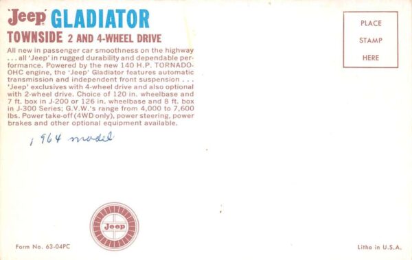 1964 Jeep Gladiator Townside Truck Auto Ad Vintage Postcard AA87037 - Image 2