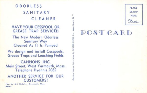 Hyannis Massachusetts Cannons Inc Cesspool Cleaning Truck Postcard AA87039 - Image 2