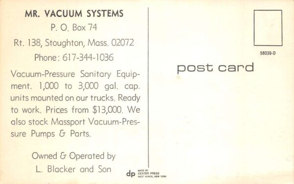 Stoughton Massachusetts Mr Vacuum Systems Sewerage Disposal Truck PC AA87042 - Image 2