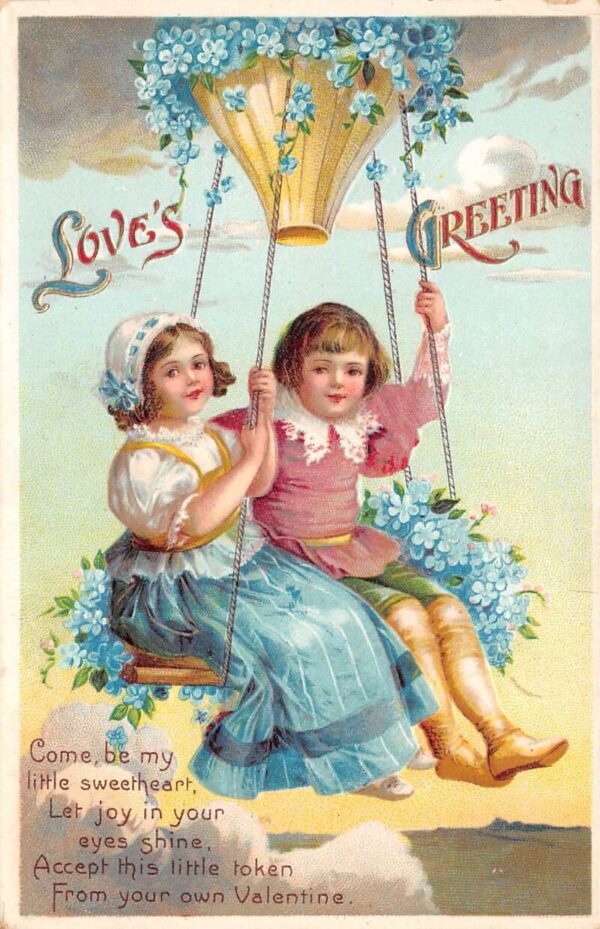 Valentine Greetings Children Riding Hot Air Balloon Vintage Postcard AA87048