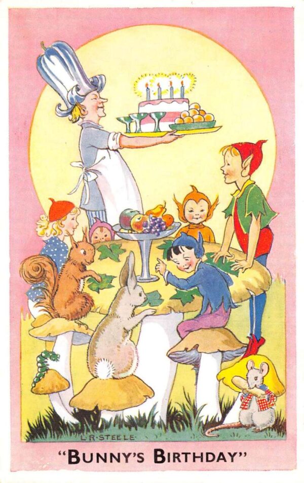 Greetings Bunnys Birthday Fantasy Elves Mushrooms Artist Signed PC AA87049