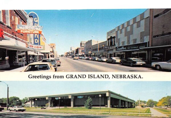 Grand Island Nebraska Street Scene and Library Greetings Postcard AA87061