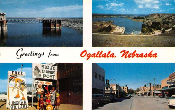 Ogallala Nebraska Greetings Dam Sioux Trading Post Street Scene Postcard AA87064