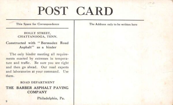 Chattanooga Tennessee Holly Street Barber Asphalt Paving Co Ad Postcard AA87113 - Image 2