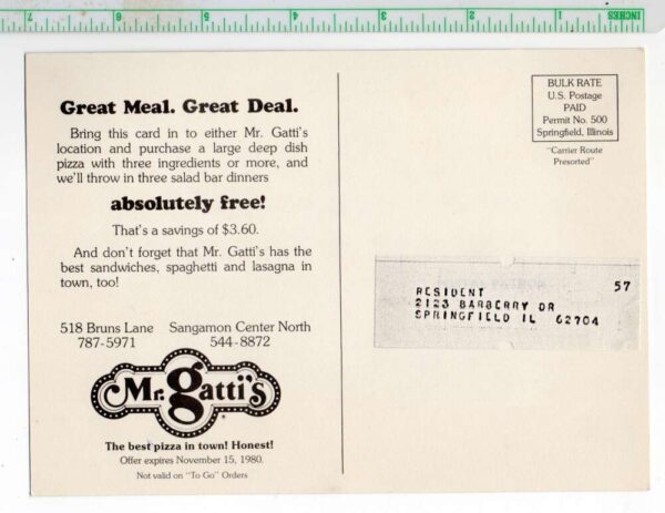 Springfield Illinois Mr.Gattis Restaurant Pizza Advertising Oversized OC AA87128 - Image 2
