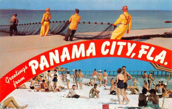 Panama City Florida Greetings Mullet Fishing and Beach Scene Postcard AA87243
