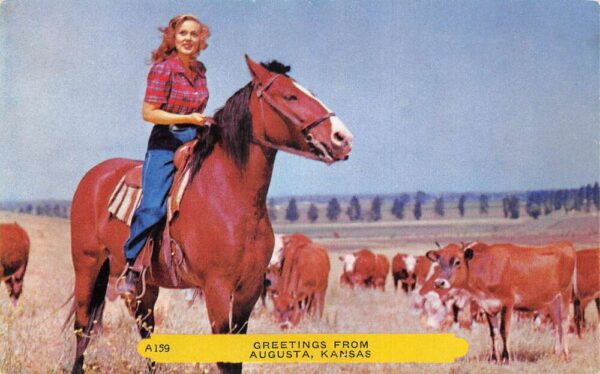 Augusta Kansas Greetings Horse Riding Ranch Scene Vintage Postcard AA87312