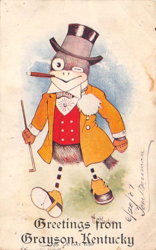 Grayson Kentucky Greetings Dressed Bird Smoking Cigar Vintage Postcard AA87318