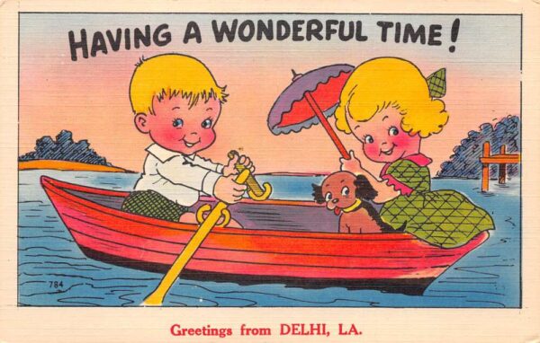 Delhi Louisiana Greetings Childred in Row Boat with Dog Postcard AA87319