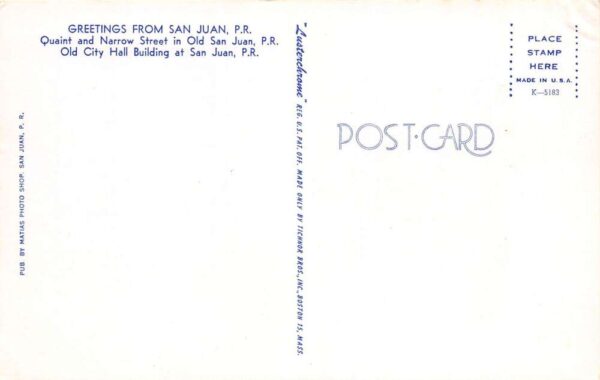 San Juan Puerto Rico Greetings From San Juan, Old City Hall, Vintage PC U20492 - Image 2
