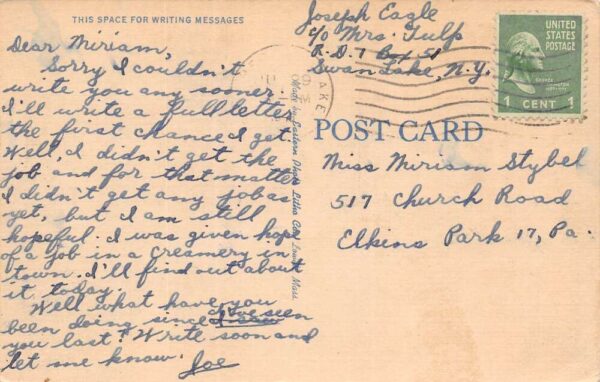 White Lake New York Greetings From White Lake, Color Linen, Vintage PC U20539 - Image 2
