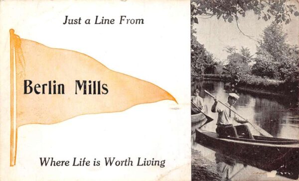 Berlin Mills New Hampshire Greetings Pennant Flag Canoeing Postcard AA87539