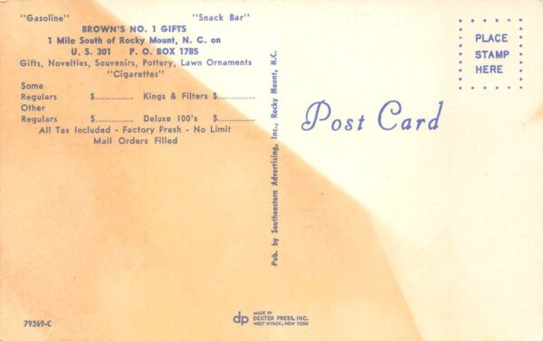 Rocky Mount North Carolina Browns No1 Gifts Gas Station Postcard AA101098 - Image 2