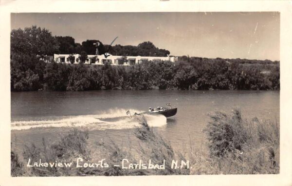 Carlsbad New Mexico Lakeview Courts Motorboat Real Photo Postcard AA101110