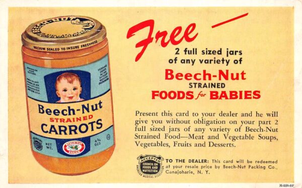 Beech Nut Strained Carrots Baby Food Coupon Adv Vintage Postcard AA101226
