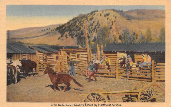 Northwest Airlines Ad Dude Ranch Cowboys Horses Western Postcard AA101233