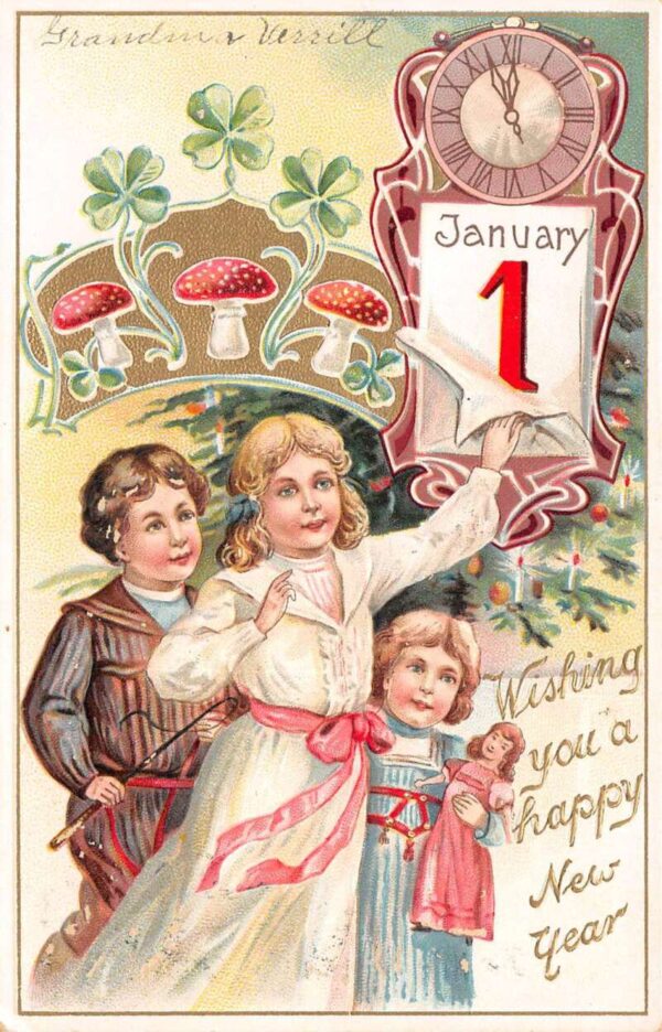 New Year Greetings Children with Toys Clovers Mushrooms Tuck Postcard AA101245