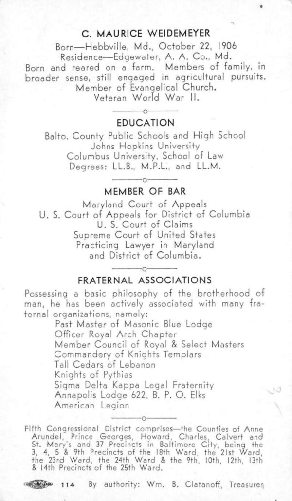 Maryland C Maurice Weidemeyer Republican for Congress Political PC AA101255 - Image 2
