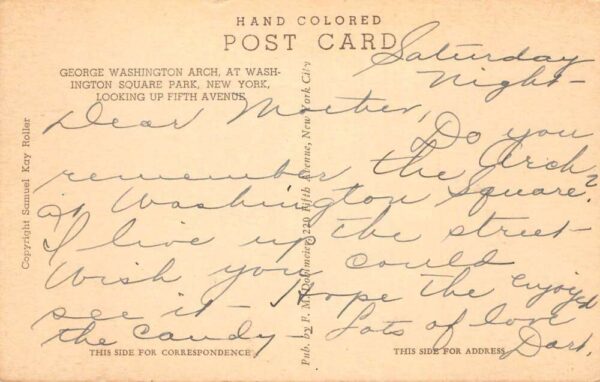 New York City Washington Square Park Arch Vintage Postcard AA101461 - Image 2