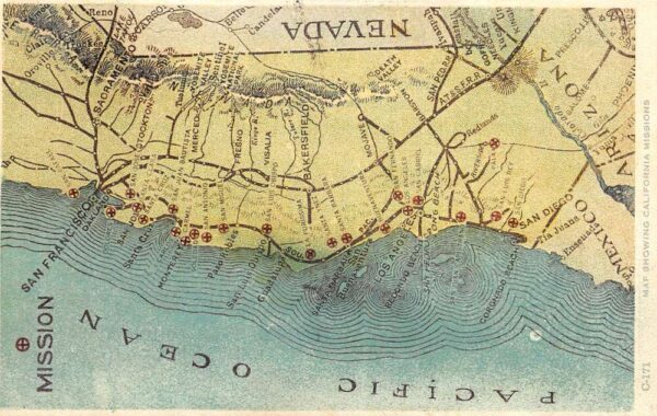 California Map of Missions Pacific Ocean Vintage Postcard AA101468