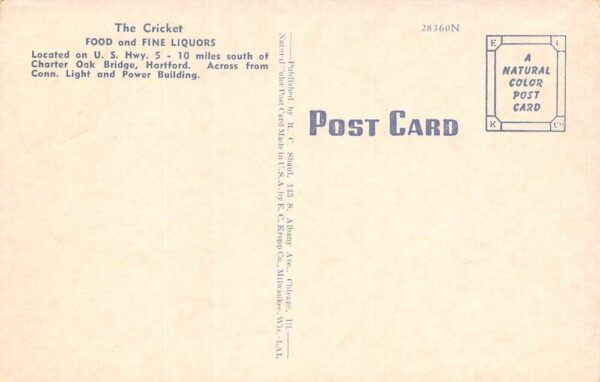 Newington Connecticut The Cricket Restaurant, Color Lithograph, Postcard U23175 - Image 2