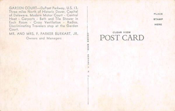 Dover Delaware Garden Court Motor Court, B/W Chrome, Vintage Postcard U23180 - Image 2