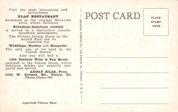 Cicero Illinois Klas' Restaurant, Vintage Postcard U23183 - Image 2