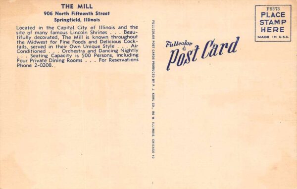 Springfield Illinois The Mill Restaurant, Multi-View Linen, Vintage PC U23193 - Image 2
