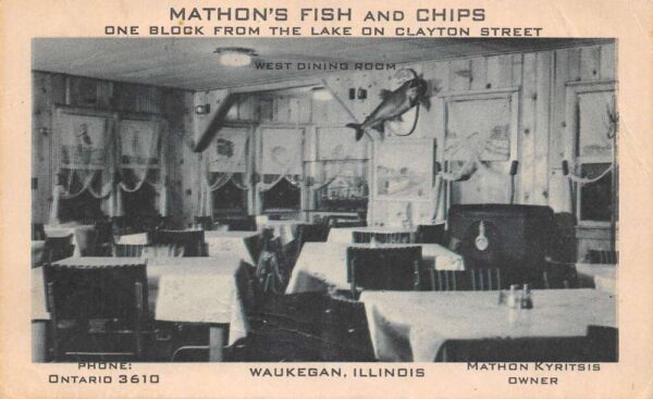 Waukegan Illinois Mathon's Fish & Chips Restaurant, B/W Lithograph, PCU23194