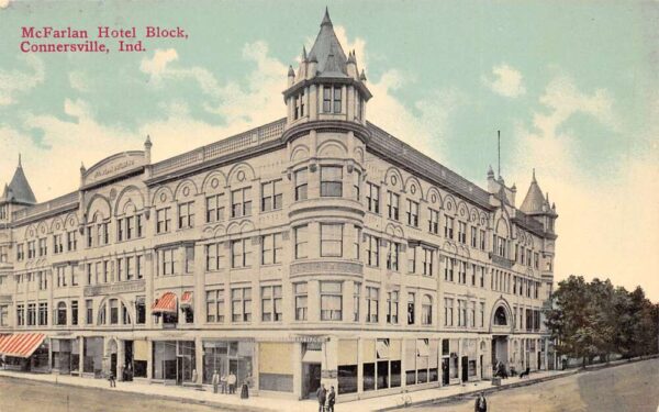Connersville Indiana McFarlan Hotel Block, Color Lithograph, Vintage PC U23219