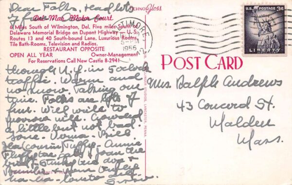 New Castle Delaware Del-Mar Motor Court, Photochrome, Vintage Postcard U23233 - Image 2