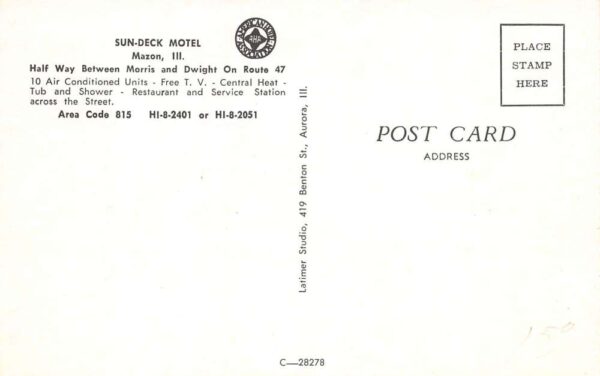 Mazon Illinois Sun Deck Motel, Photochrome, Vintage Postcard U23242 - Image 2