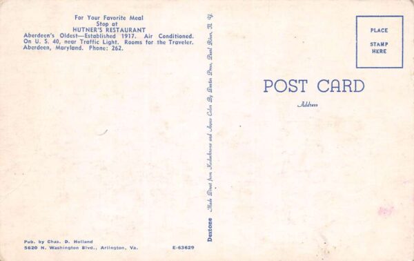 Aberdeen Maryland Hunter's Restaurant, Photochrome, Vintage Postcard U23244 - Image 2