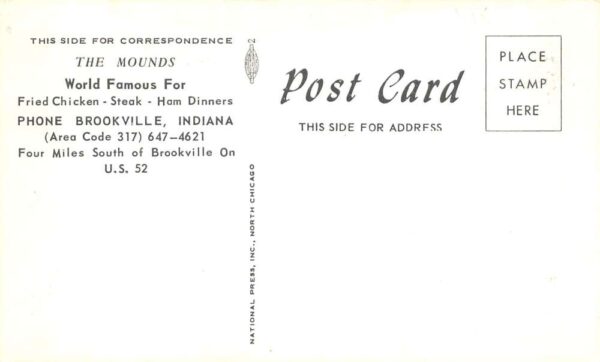 Brookville Indiana The Mounds Restaurant, B/W Chrome Vintage Postcard U23248 - Image 2