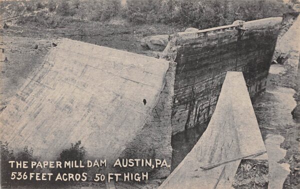 Austin Pennsylvania Paper Mill Dam, B/W Lithograph, Vintage Postcard U23283