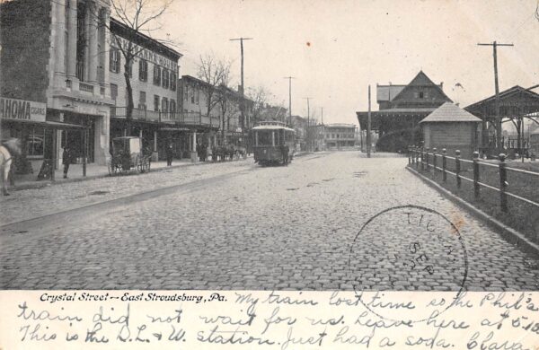East Stroudsburg Pennsylvania Crystal Street, Trolley, Vintage Postcard U23286