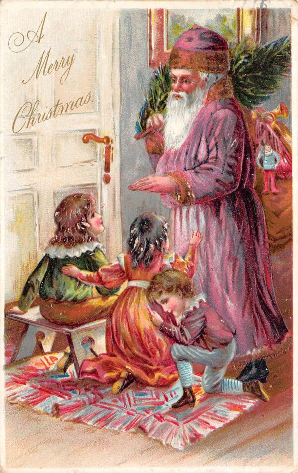 "A Merry Christmas", Pink Robed Santa With Children & Toys, PC U23287