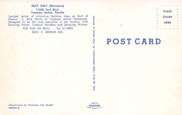 Treasure Island Florida Gulf Miniature Golf, Chrome, Vintage Postcard U23320 - Image 2