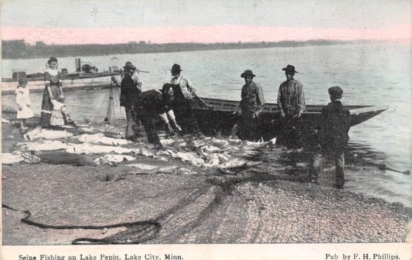 Lake City Minnesota Siene Fishing On Lake Pepin, Color Lithograph, PC U23341