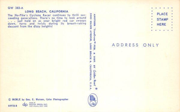 Long Beach California Cyclone Racer Roller Coaster, Chrome, Vintage PC U23415 - Image 2