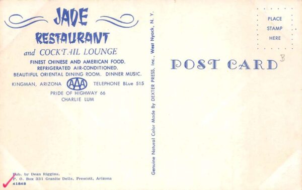 Kingman Arizona Jade Chinese Restaurant Route 66 Vintage Postcard AA101771 - Image 2