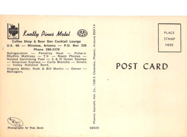 Winslow Arizona Knotty Pines Motel Route 66 Vintage Postcard AA101773 - Image 2