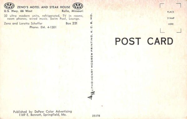 Rolla Missouri Zeno's Motel and Steak House Route 66 Vintage Postcard AA101774 - Image 2