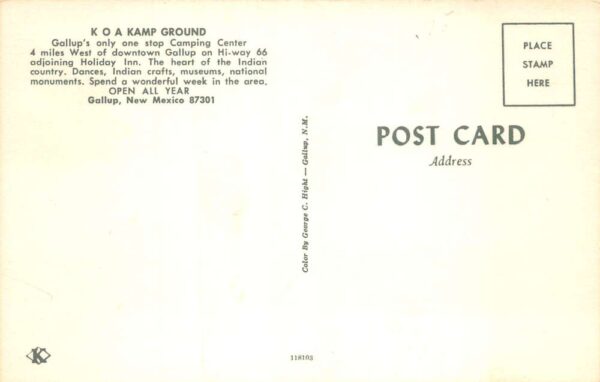 Gallup New Mexico KOA Kampground Route 66 Vintage Postcard AA101775 - Image 2