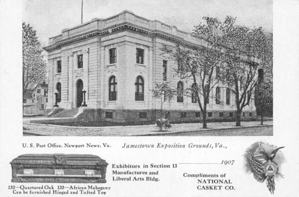Newport News Virginia Post Office Jamestown Expo Funeral Casket Ad PC AA101804