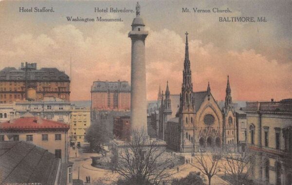 Baltimore Maryland Washington Monument Mt Vernon Church Postcard AA101817