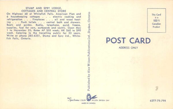Whitefish Falls Canada Stump and Spry Lodge Gas Station Postcard AA101847 - Image 2