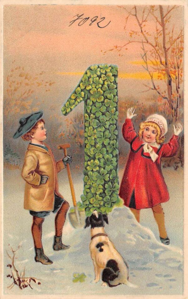 New Years Greetings Children and Dog Vintage Postcard AA101849